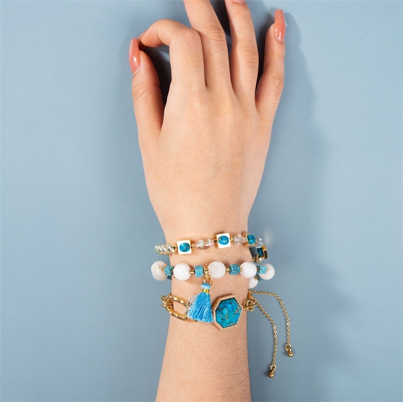 Faceted Crystal Beads Blue Tassel Stretchy Bracelet Stackable Handmade Dainty