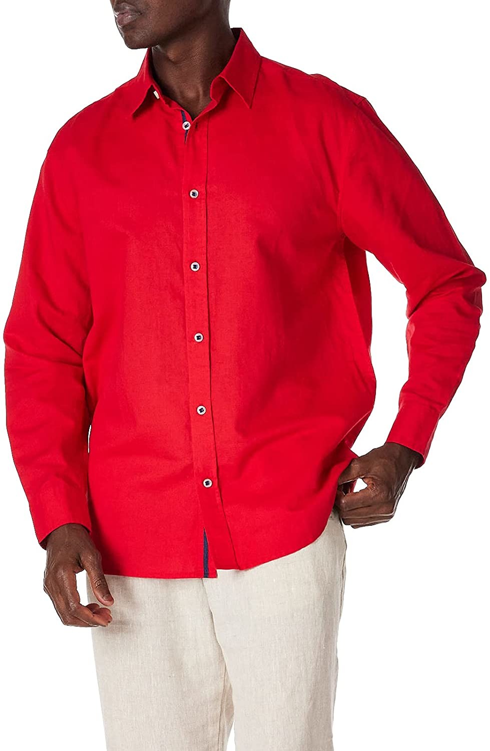 Large Red Tab Cuff Mens Casual Linen Shirts washable With Shirt Collar