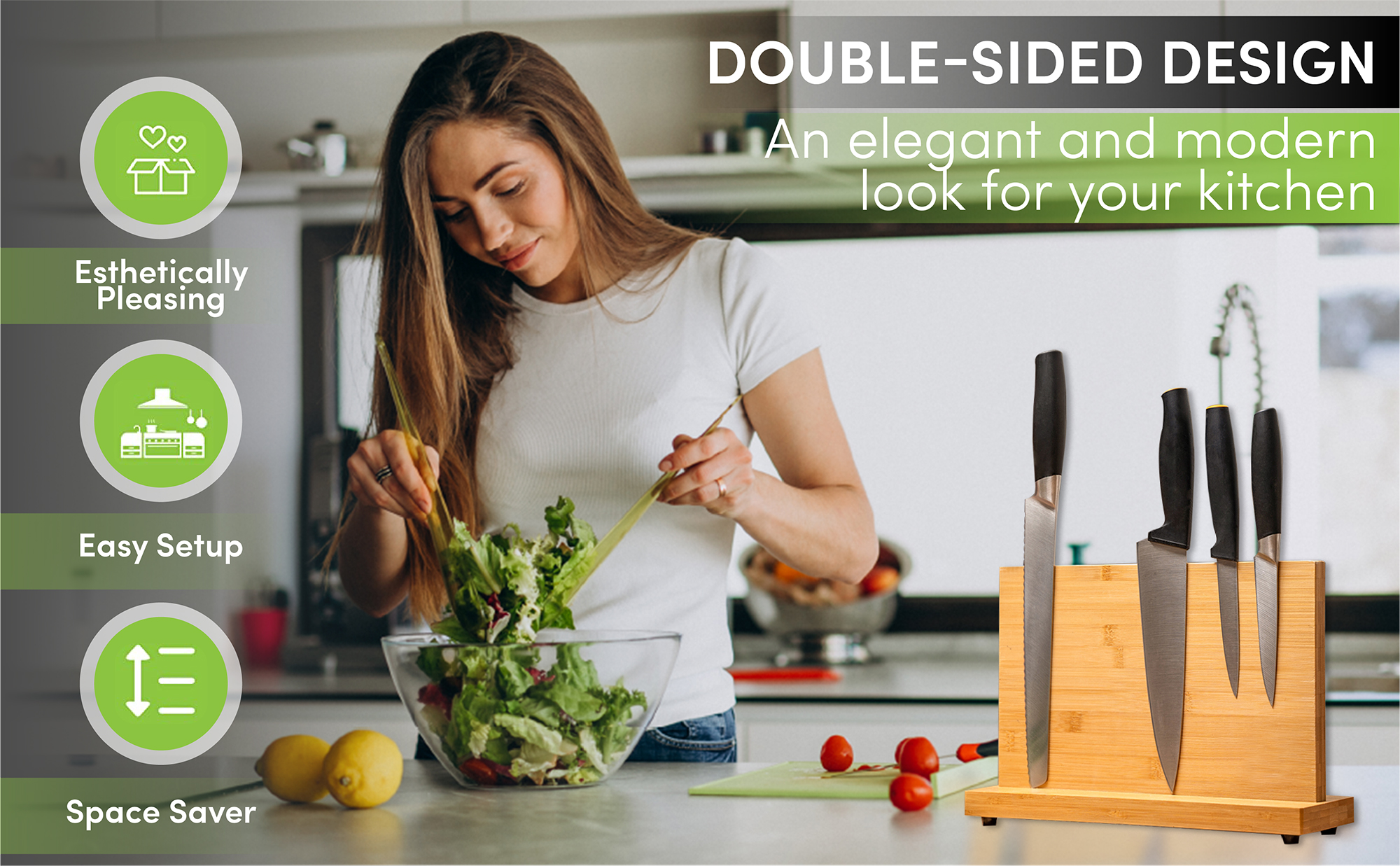 Permanent Magnet Bamboo Knife Holder for Kitchen Counter Nature Bamboo Block Design