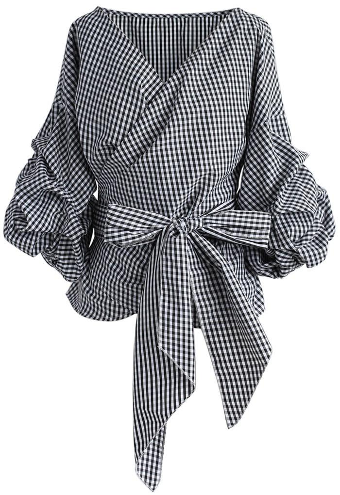 Fall Clothing Blouse Ladies Gingham Tops Women Wrap Top