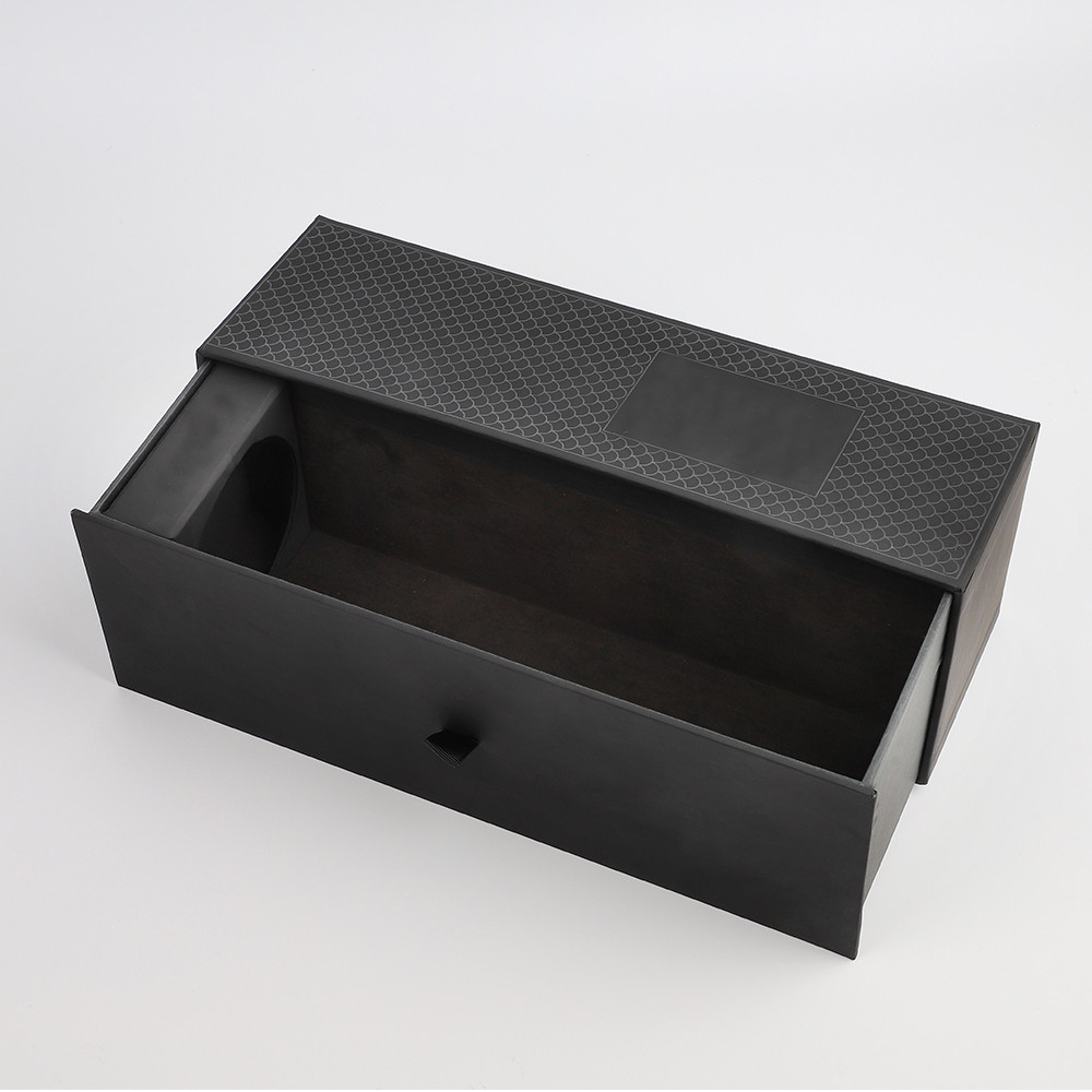 Premium Black touch and feel effect with UV printing drawer sliding single Champagne wine whisky alcohol packaging box