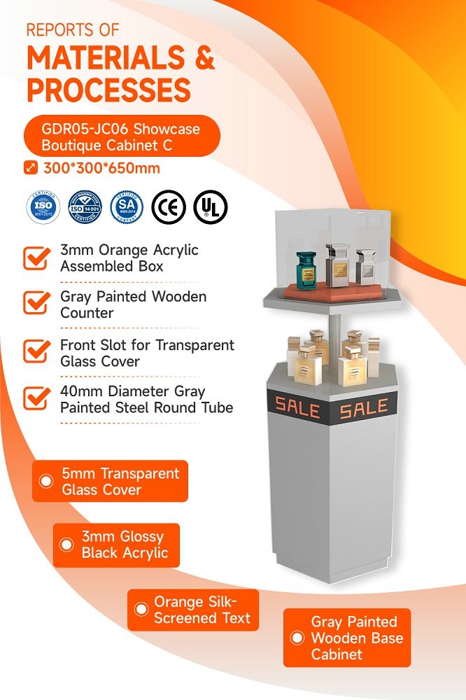 GDR05-JC06 Beauty Display Rack with 40mm Iron Round Tube and 5mm Transparent Glass Cover for Mall Promotion Area