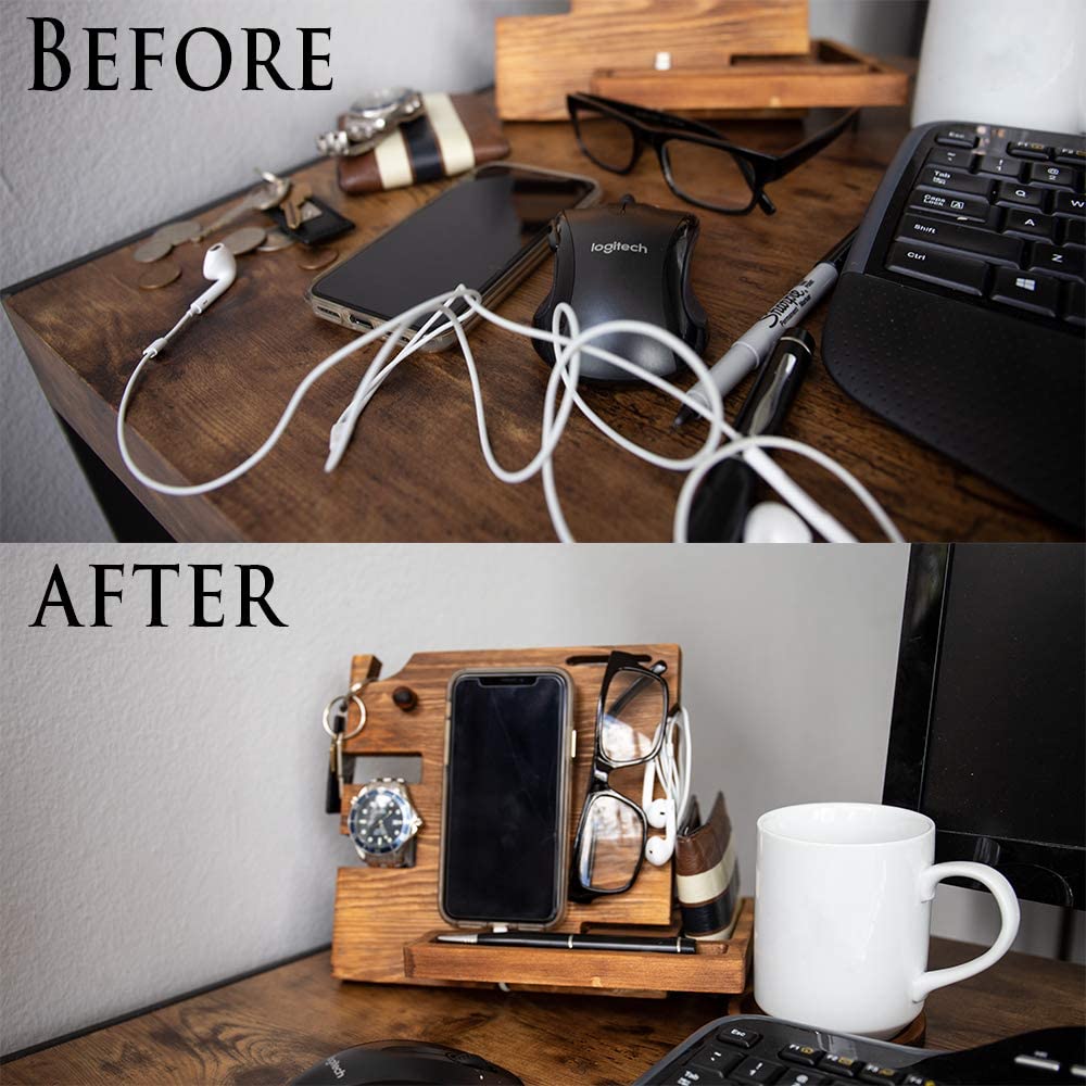 Wooden Docking Station for Men and Nightstand Organizer - Holds Phone Keys Watch Wallet Ring Pen Glasses Ring