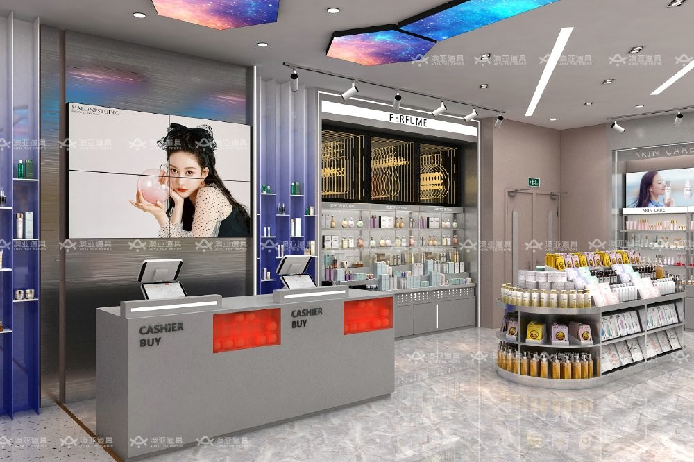 GDR04-CZ-B02 Makeup Display Rack with Grey Melamine Board and LED Strip Lights for Cosmetic Retail Stores
