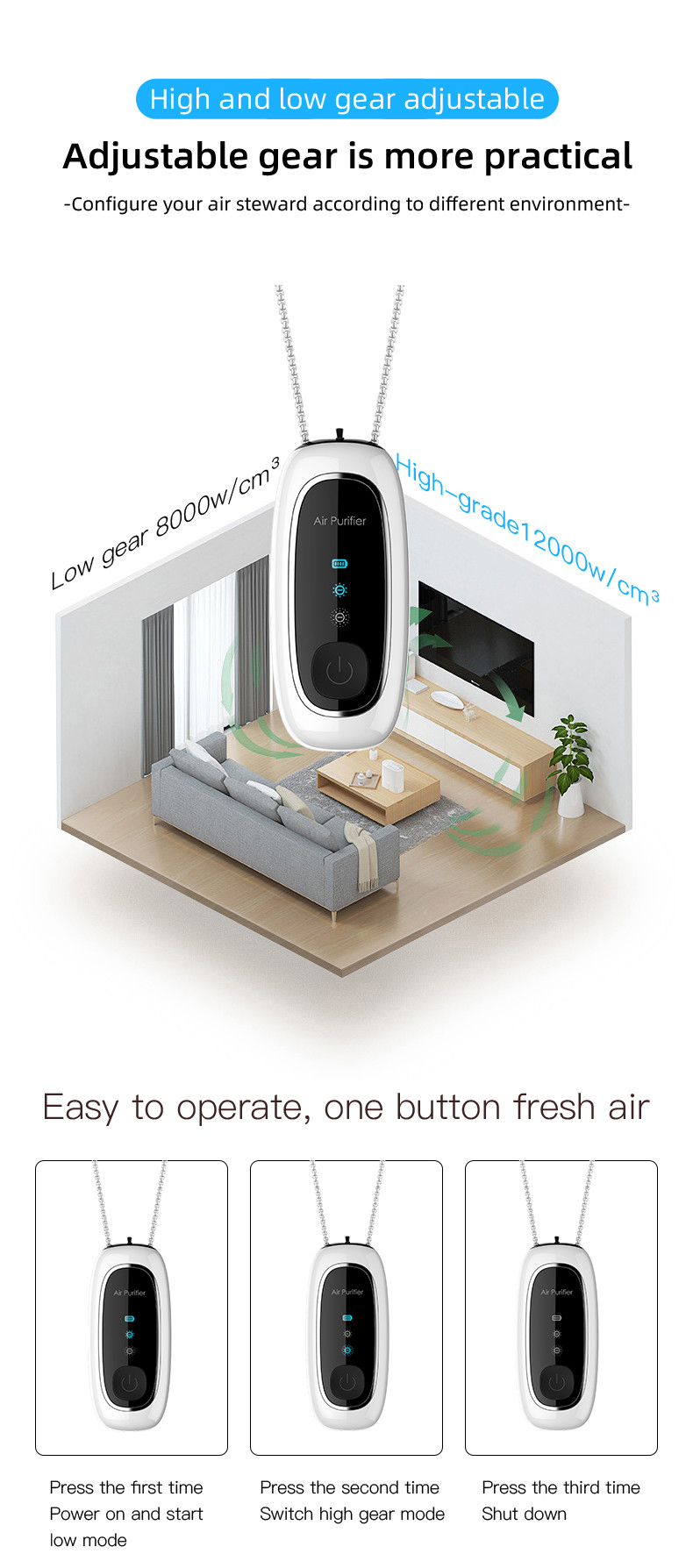 50mA 700mAh Wearable Air Purifier Necklace 1W Negative Ion Air Purifier
