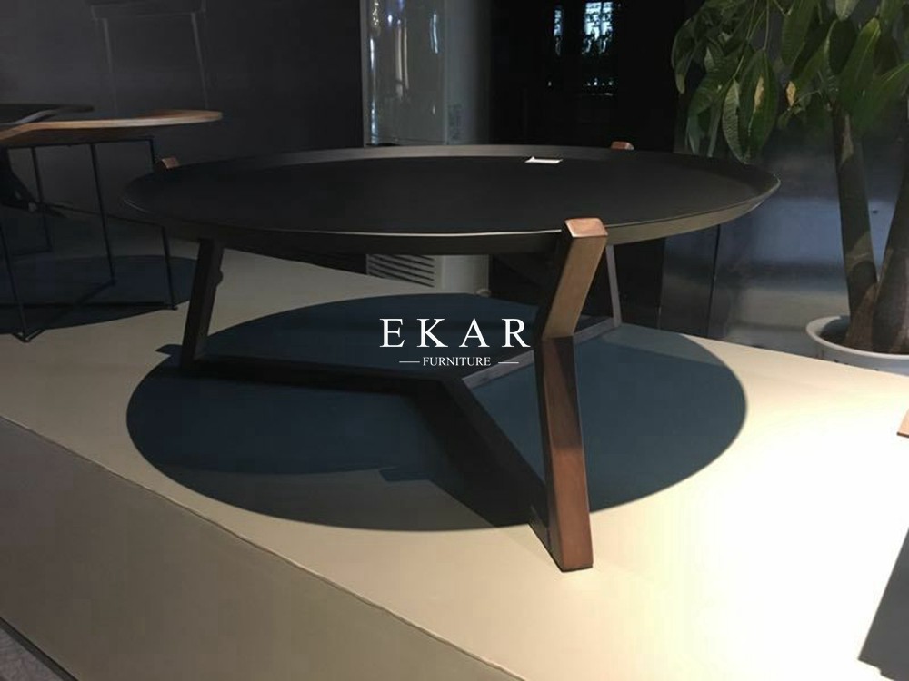 Contemporary Unique Black Walnut Frame Mental Top Coffee Table