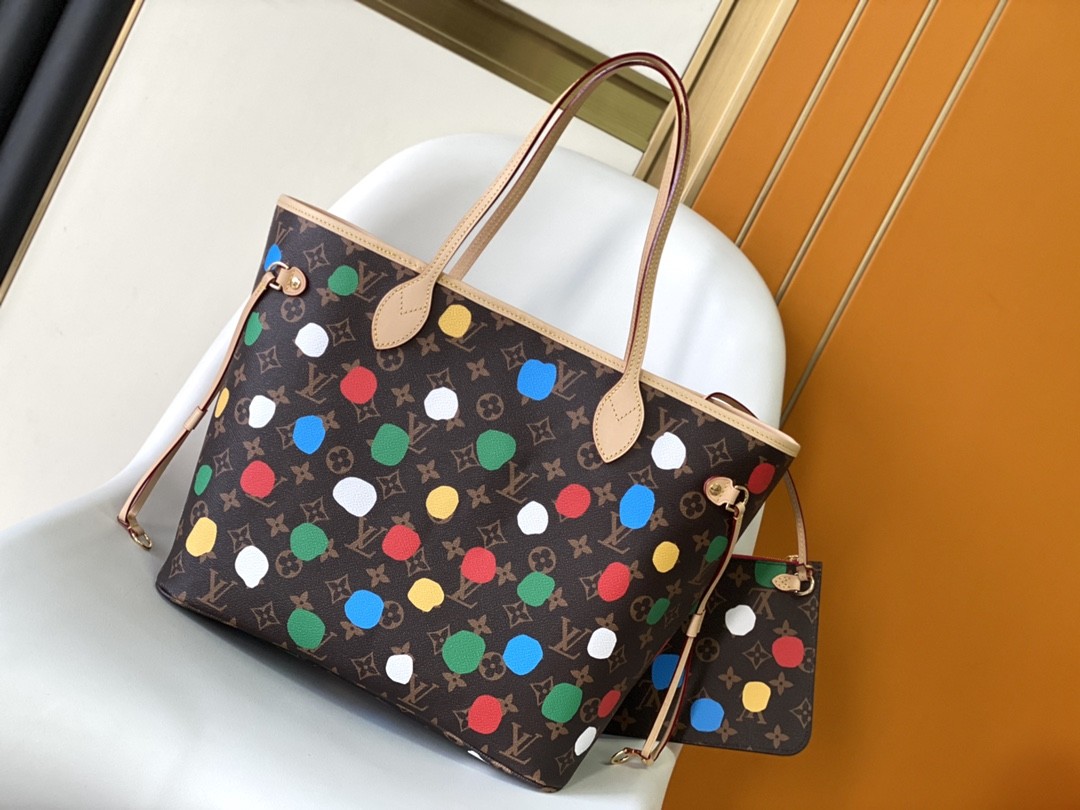 black LV X Yayoi Kusama Louis Vuitton Neverfull MM Monogram Bag Multicolor