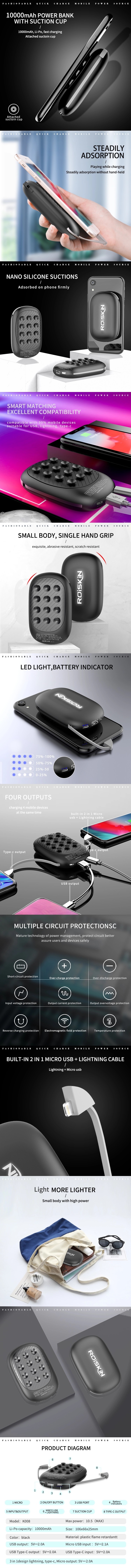 2019 New Portable Built-in Cable Power Bank 10000mAH With Suction Cup、LED Light-Up Logo and Wireless Charging Function