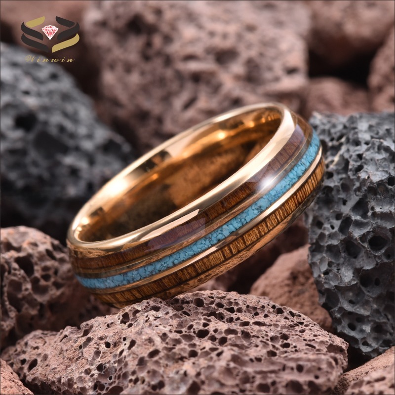 Third Party Appraisal 8mm Dome Polished Rose Gold Mens Tungsten Ring Turquoise Wood Inlay Wedding Bands Certificate Type