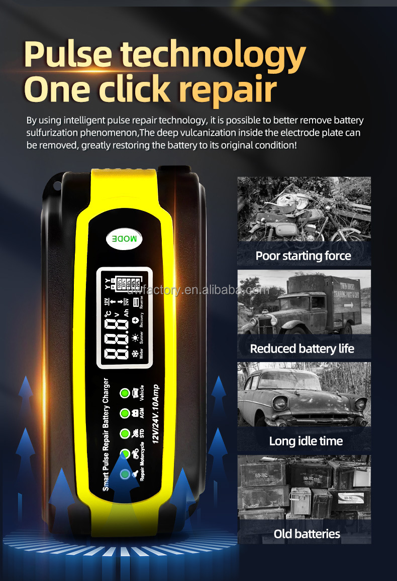 125W Output Power Full Intelligent Automatic Repair Battery Charger for 12V 10A Quick Charging Car Battery and Motorcycle