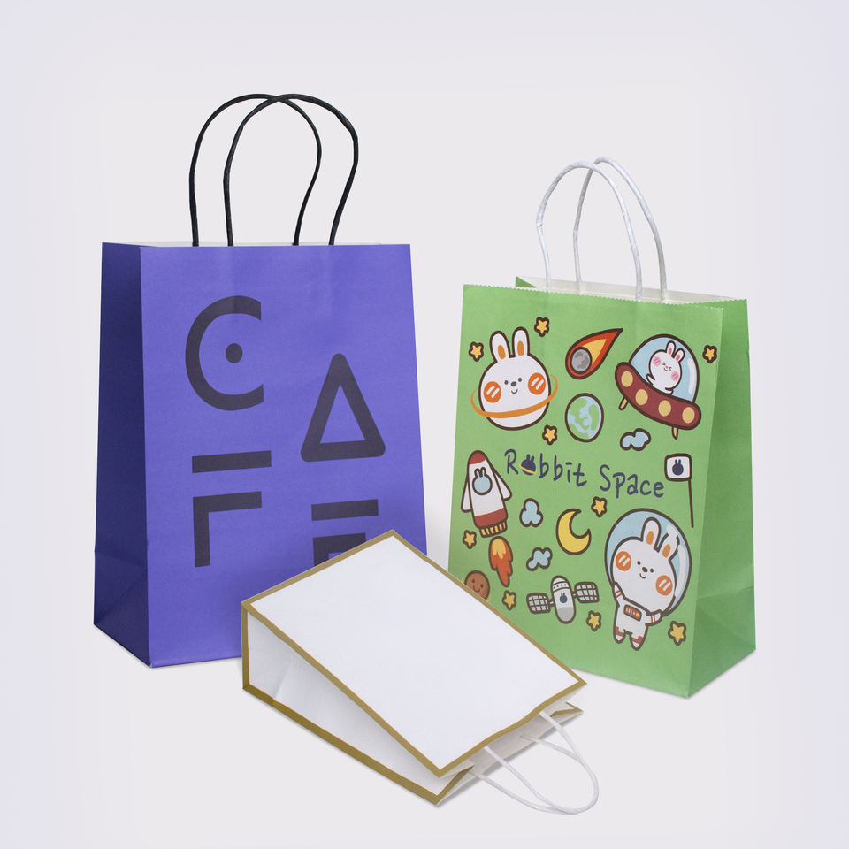 Custom Logo White Kraft Paper Shopping Bag With Ribbon Handle for Bio-degradable Packaging