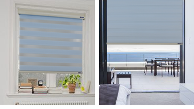 Dual Layer Sheer Motorized Zebra Blinds Horizontal Pattern For Oriel Window