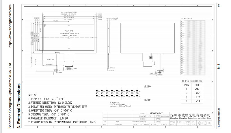7 Inch Resistive Touch Screen 1024X600 Dots Wide Temp TFT LCD Display