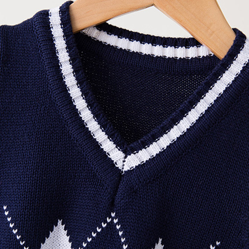 OEM Tartan Knitted Waistcoat 100% Cotton Preppy Sweater Vest For Kids