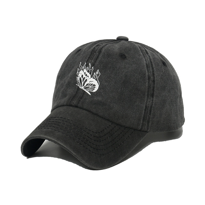 Spring/Summer Versatile Washed And Distressed Baseball Hat With Butterfly Print for female
