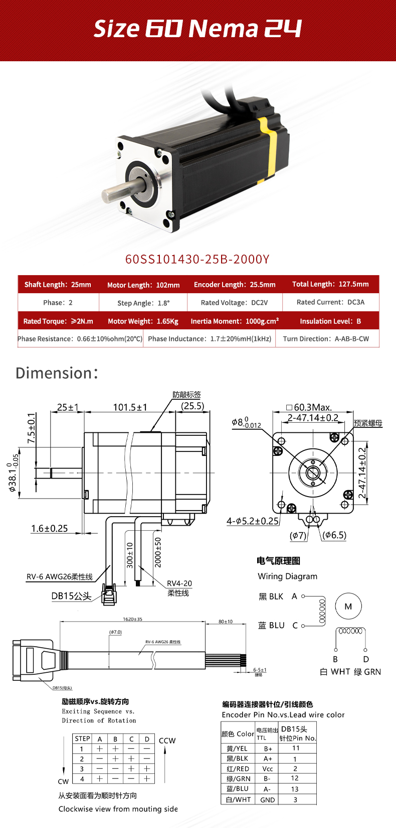 DC 3A/5.8A 2V/8.7V 60mm Nema24 Closed Loop Motor With Encoder Motor Weight 1.65/2.5kg
