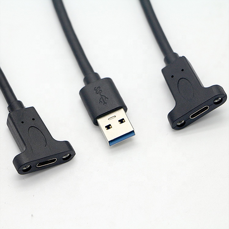 Custom Screw Locking Stud USB 3.0 A Male to USB Type C 3.1 Female Panel Mount Extension Cable