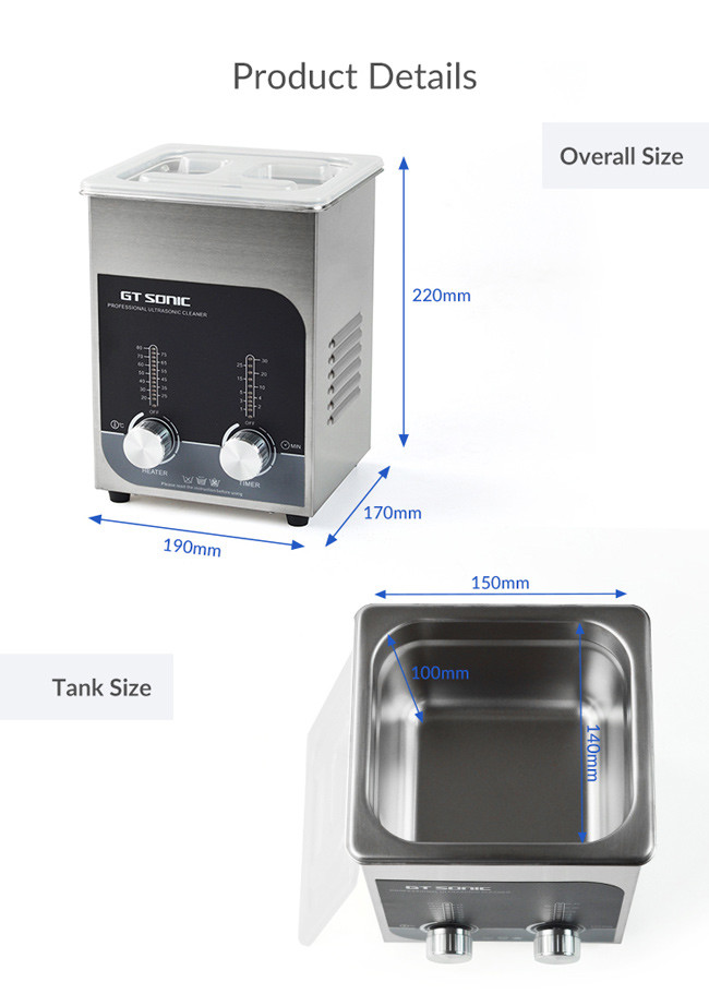 GT SONIC Heated 2L Stainless Steel Ultrasonic Jewelry Cleaner