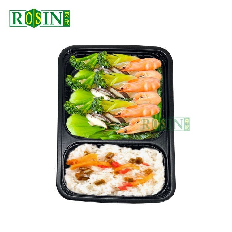 Custom Black 2 Grid Disposable Takeaway Boxes 1000ml Rectangular With Lid