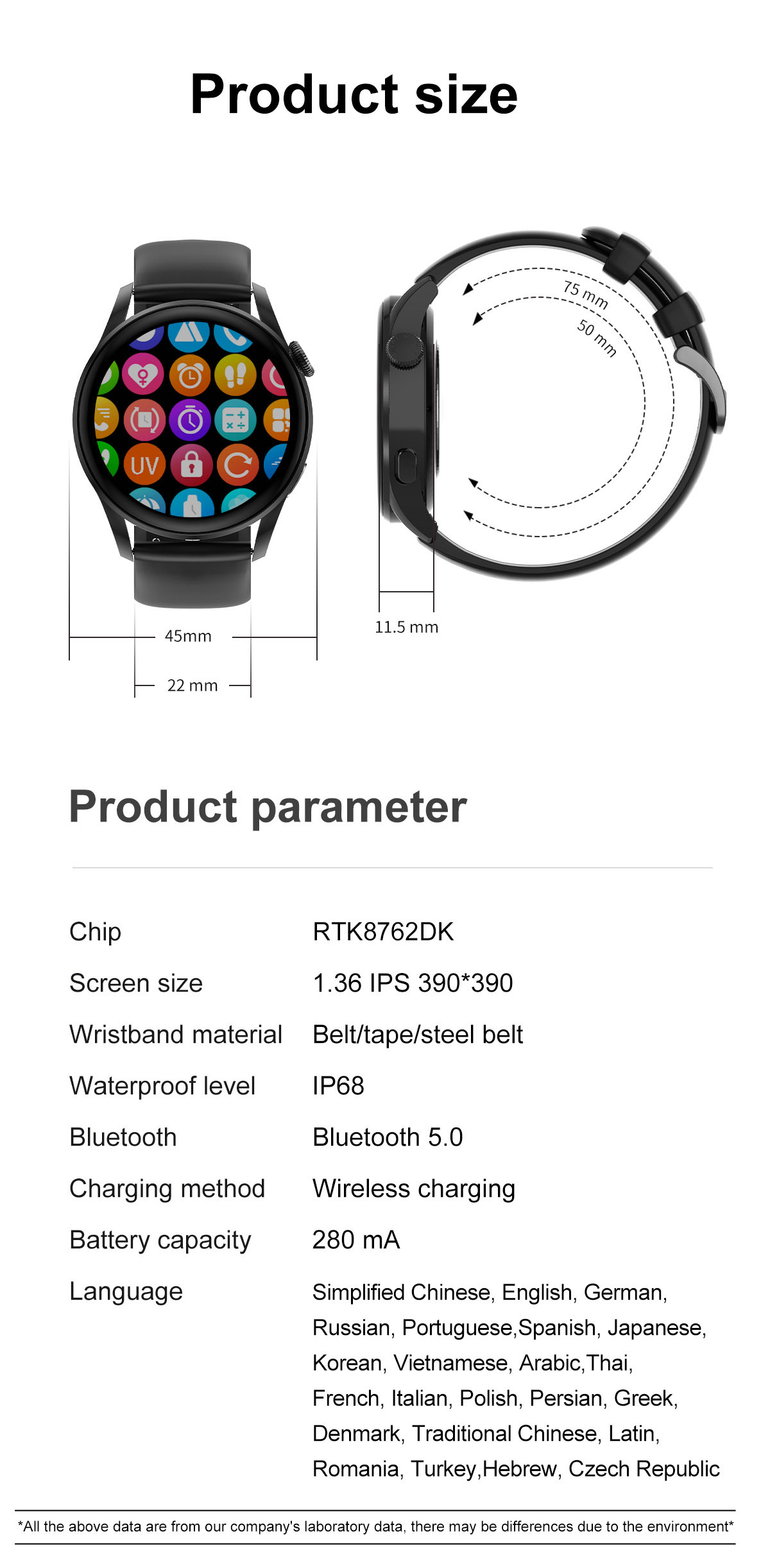 1.36inch IP68 Waterproof BlE5.0 DT Smart Watch ECG PPG For Heart Rate