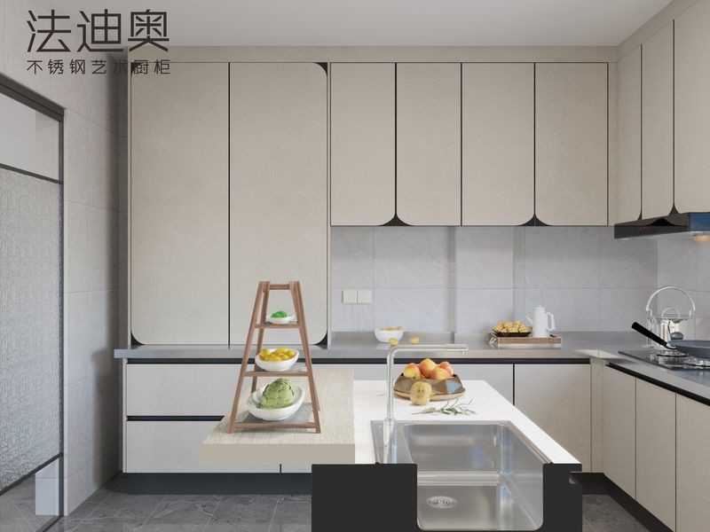 Fadior U-Shaped Modern Stainless Steel Kitchen Cabinet With Arc Doors And Handle-Free Design