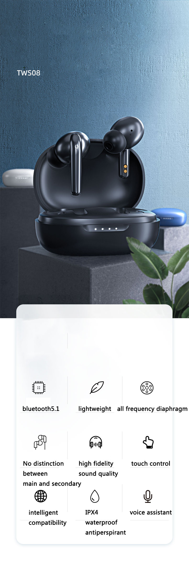 4hrs TWS Bluetooth Earbuds V5.1 Active Noise Cancelling Wireless Earbuds