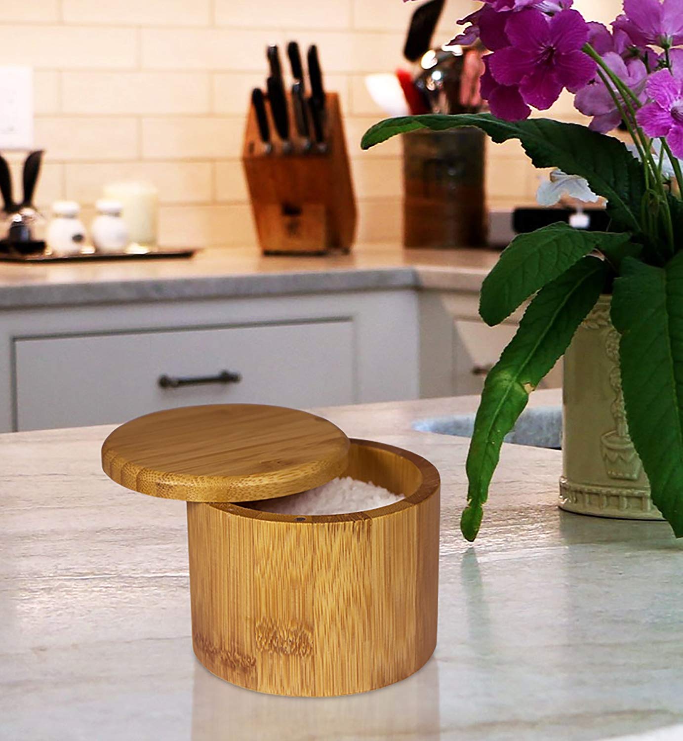 Round Bamboo Salt Box WithLaser Engraving Logo Magnetic Lid Spice Container Good For Durable Storage Organization