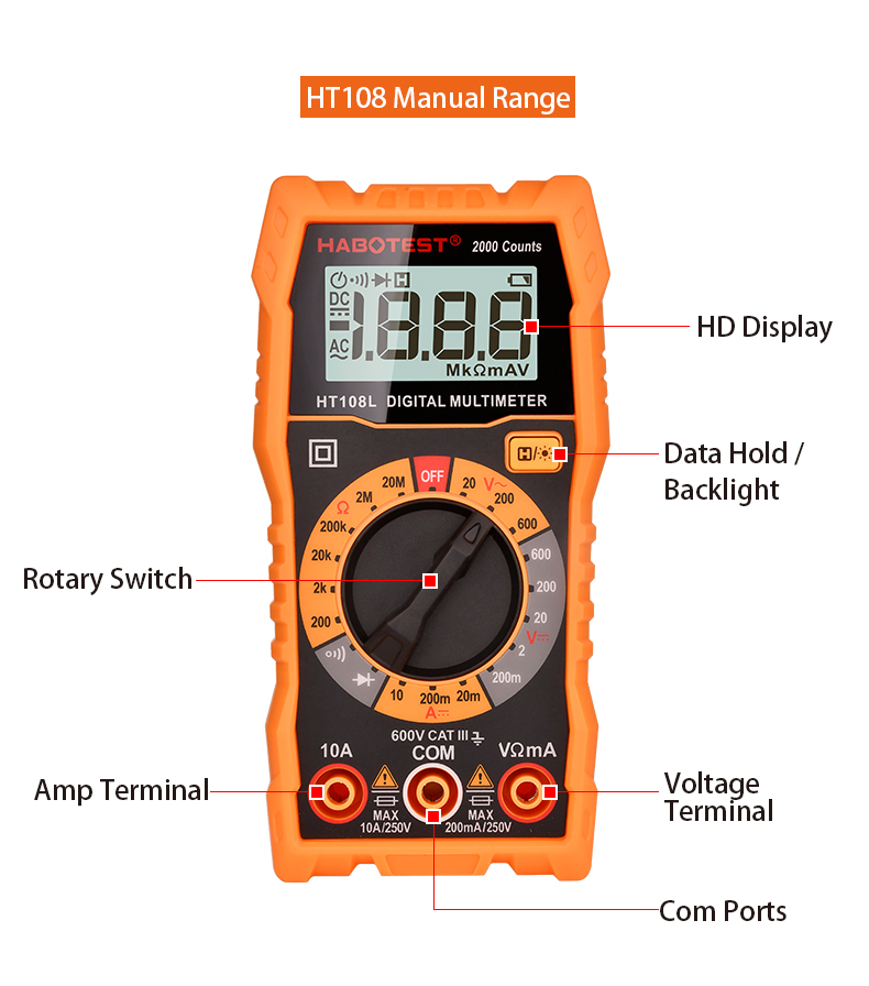 Cheap Budget HT108L Multimeter Digital Ohm Voltage Ampere Resistance 2000 Counts 600V AC DC Voltage Meter Multimetro