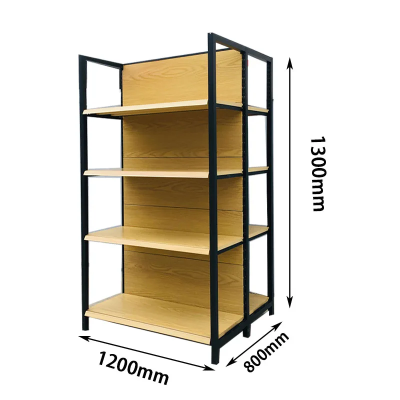 Wooden Shelf Supermarket Display Rack With Four Black Column Customzied