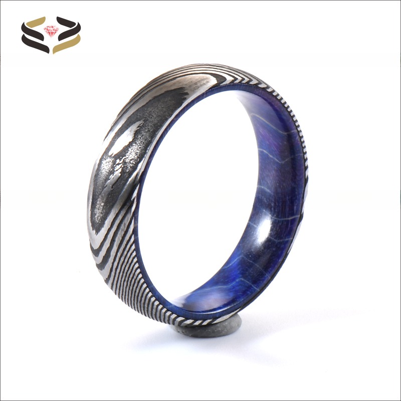 Etched Damascus Wedding Rings 6mm 8mm With Blue Purple Wood Sleeve Inlay