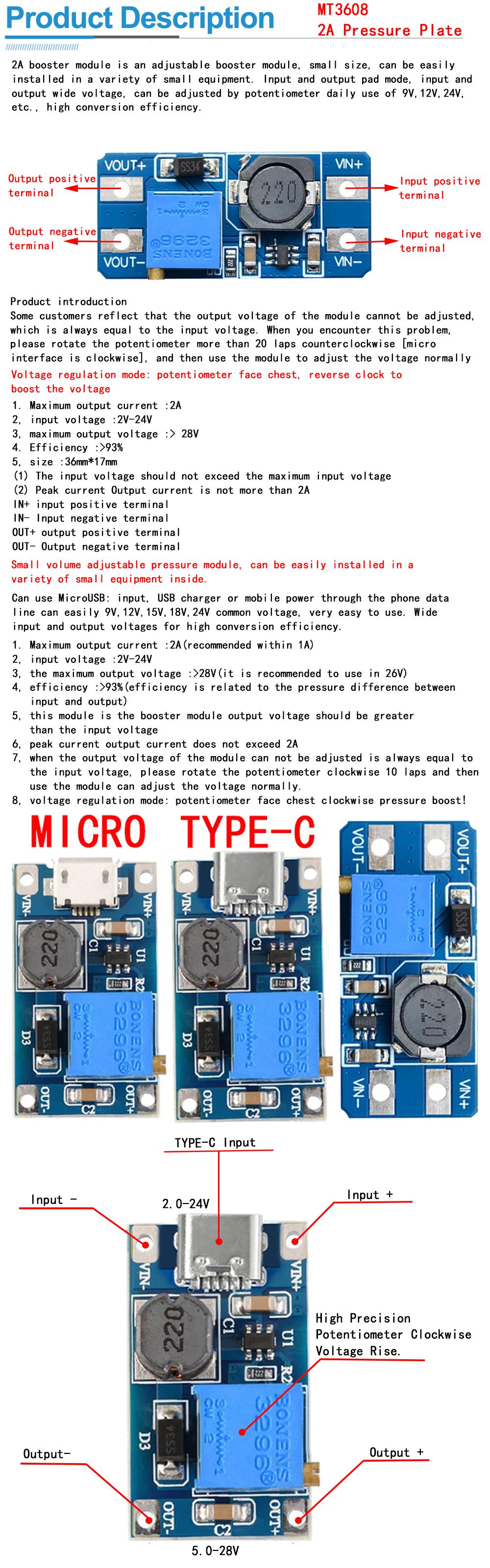 Creatall MT3608 DC-DC Boost Module 2A Boost Board Input Voltage 2-24V Output Voltage 30V