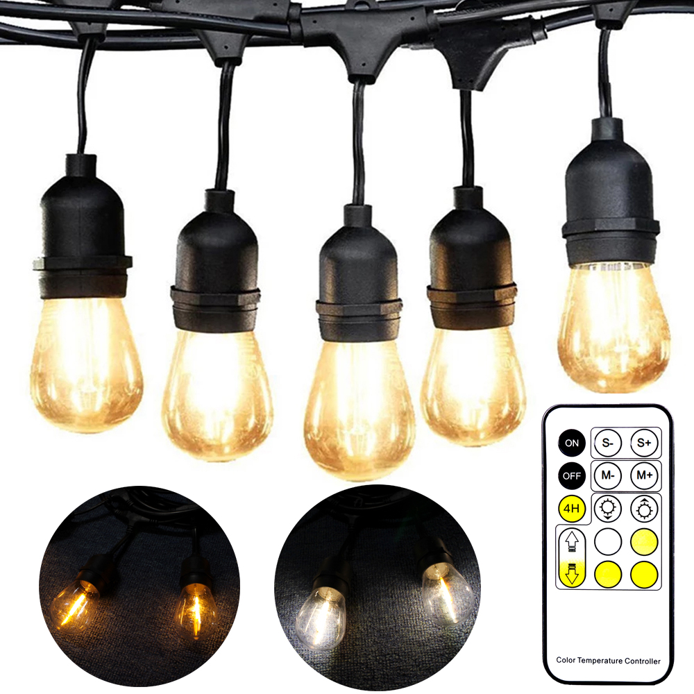 Warm White/Nature White Waterproof Outdoor S14 Edison Bulbs String Lights Connectable Remote Control Shatterproof Festoon Lights
