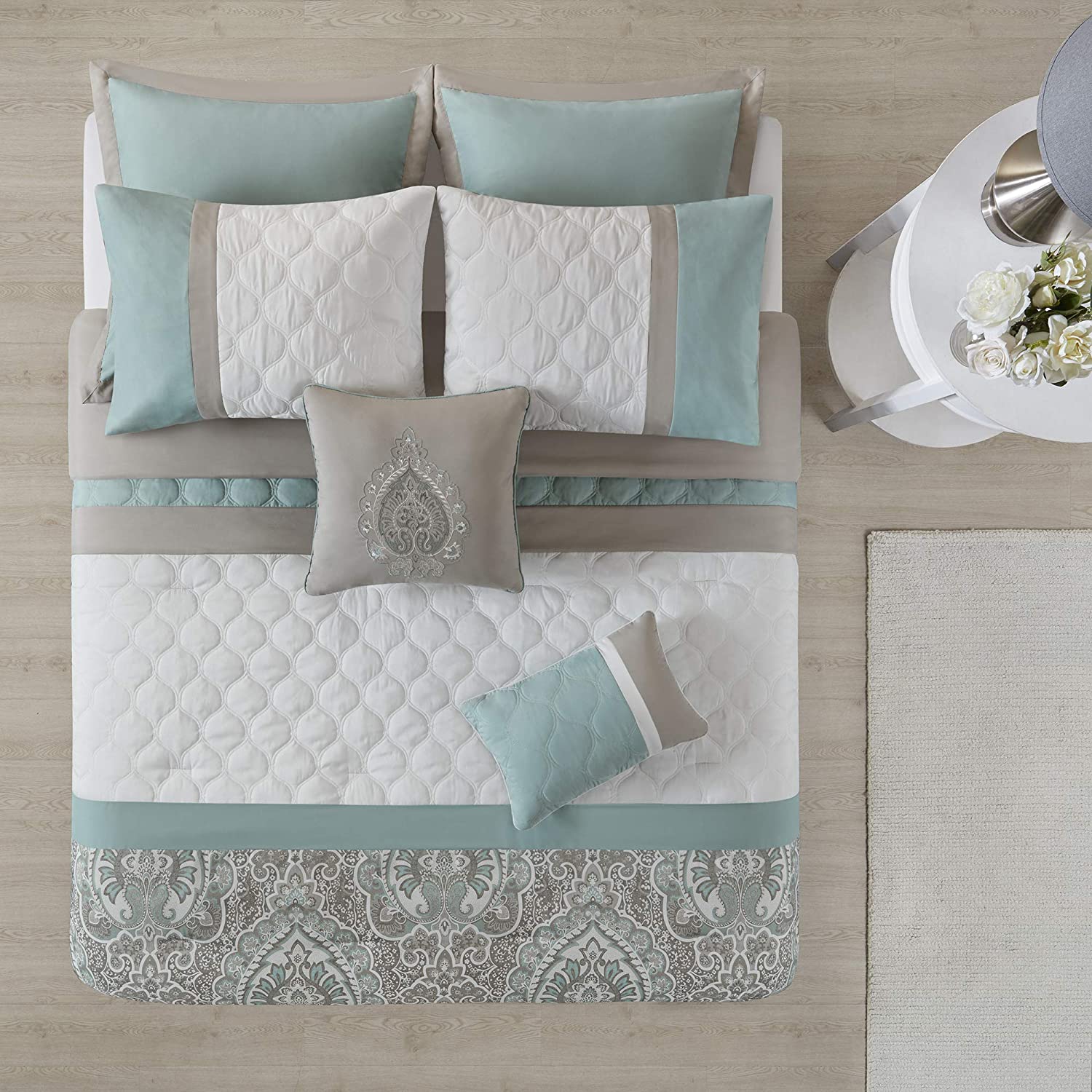 Flower Printed Luxury Bedding Set for Queen Size Bed 7 Pieces Duvet Cover Set