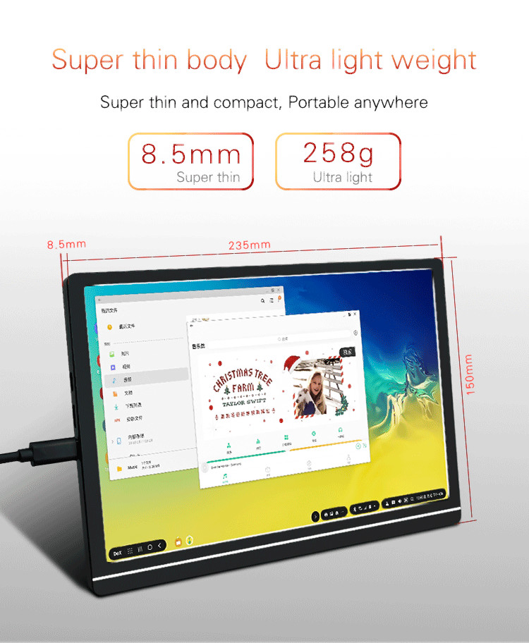 USB C powered 8.5mm Super Thin 258g Lightweight 10.1 Inch Portable Monitor