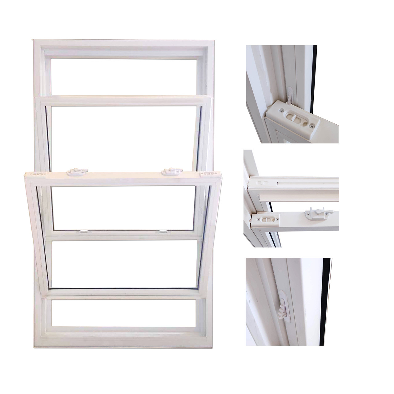 Double Hung White Vinyl Window With Screen UPVC Frame And Glass Pane