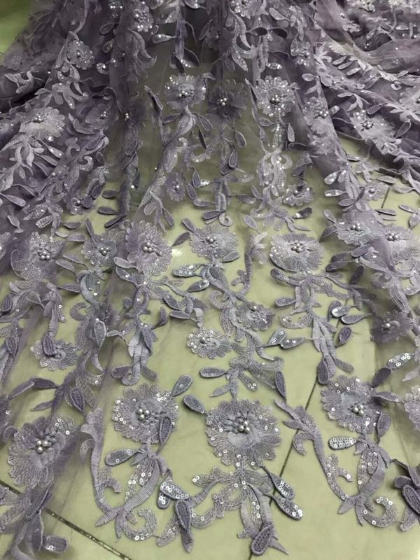 3D Flower Embroidered Sequin Tulle Beaded Lace Fabric For Wedding Dress Mesh