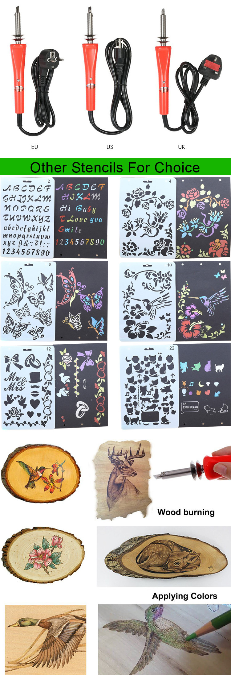Green PS3301 33 Wood Burning Kit Tips 2 Stencils 12 Colored Pencils