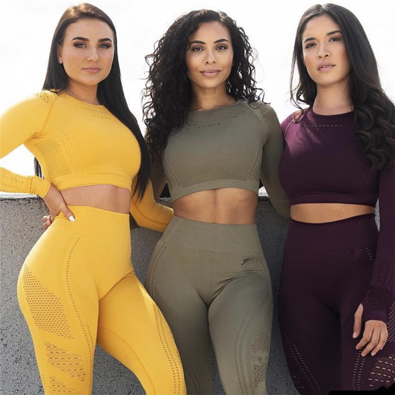 Quick Dry Women's Yoga Apparel Eyelet Flawless Knit Yoga Sets High Waisted Gym Leggings