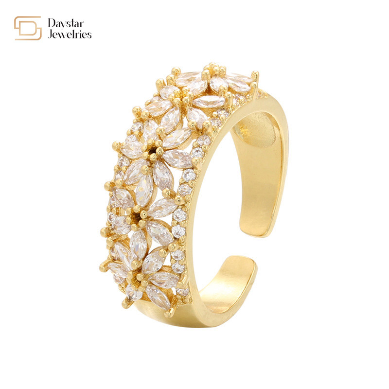 Gold Plated Flower Diamond Rings Adjustable Natural Zircon Stone Women 18k Jewelry