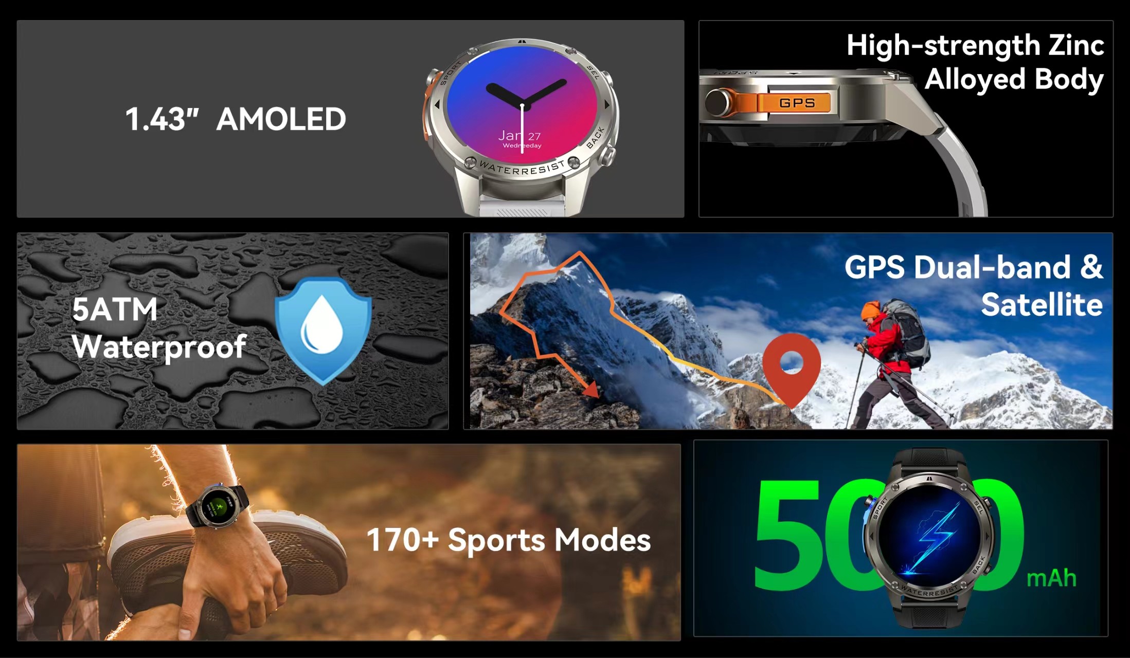 DM56 Sport Smart Watch 1.43inch AMOLED Display GPS 5ATM Waterproof 500mAh Battery