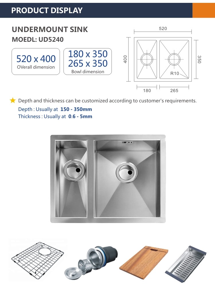 Thick 2mm Stainless Steel Sink Undermount 18 Gauge 52x40
