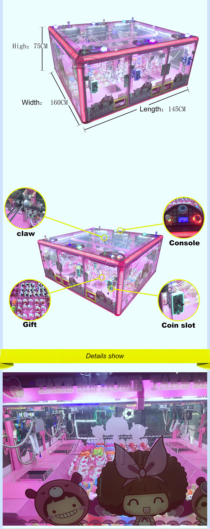 Coin Operated Claw Crane Vending Machine For 6 Players / Claw Game Machine