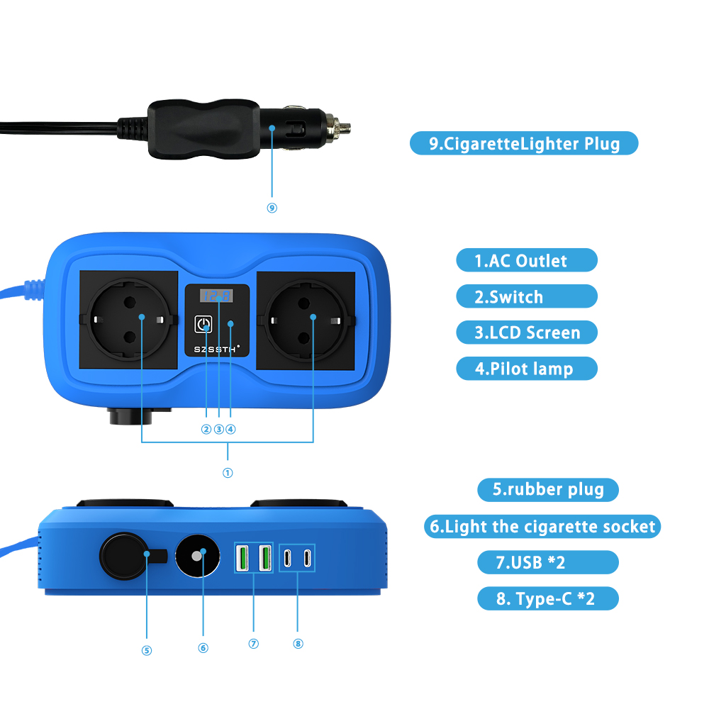 200W Car 12v To 220v Inverter Cigarette Lighter Power Inverter With 2 USB Charger Port