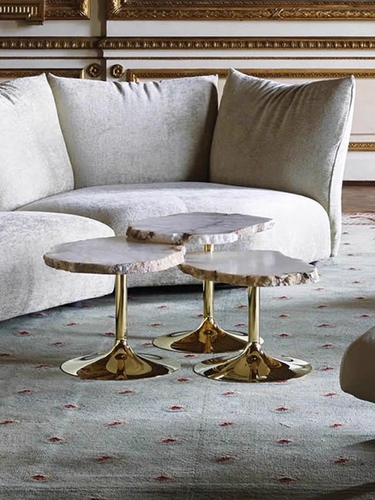 SUS 304 Irregular Shaped Snowstone Coffee Table Set High End Metal Mirror Base