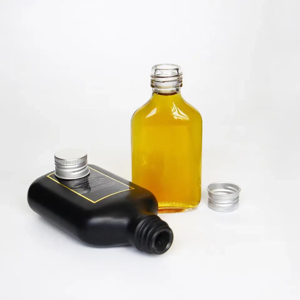 Glass Products 100ml Custom Clear Flat Glass Flask for Whiskey and Spirits Bottle