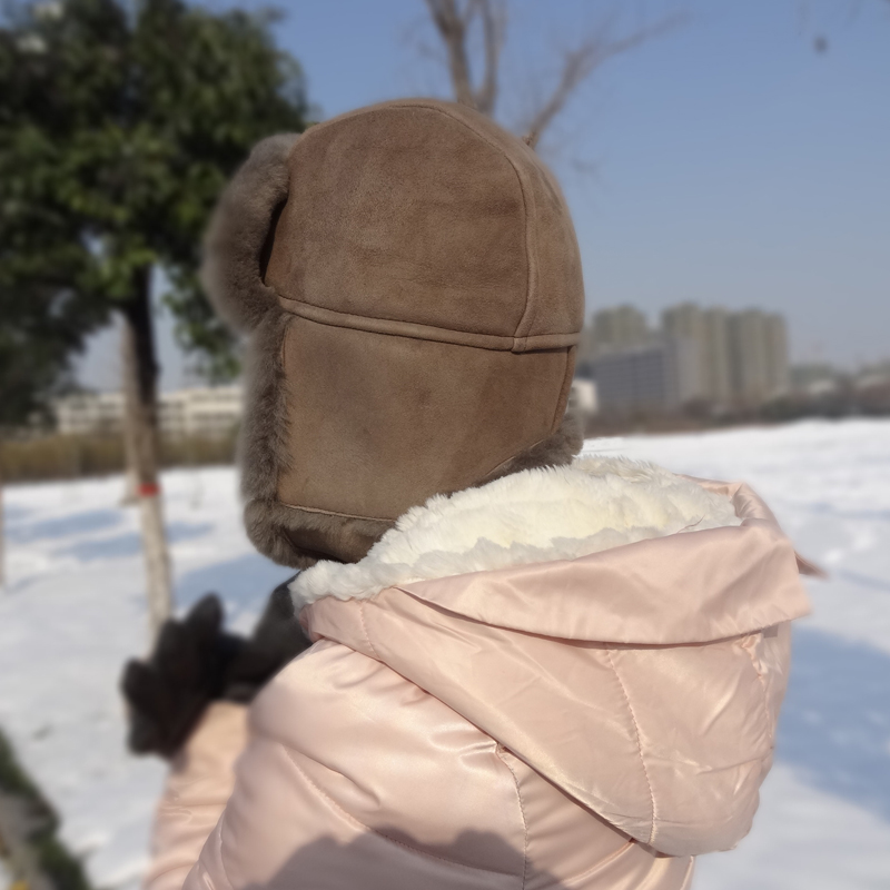 Winter Ladies Earflaps Real Sheepskin Leather Hat Russian Style Ushanka Trapper Hat
