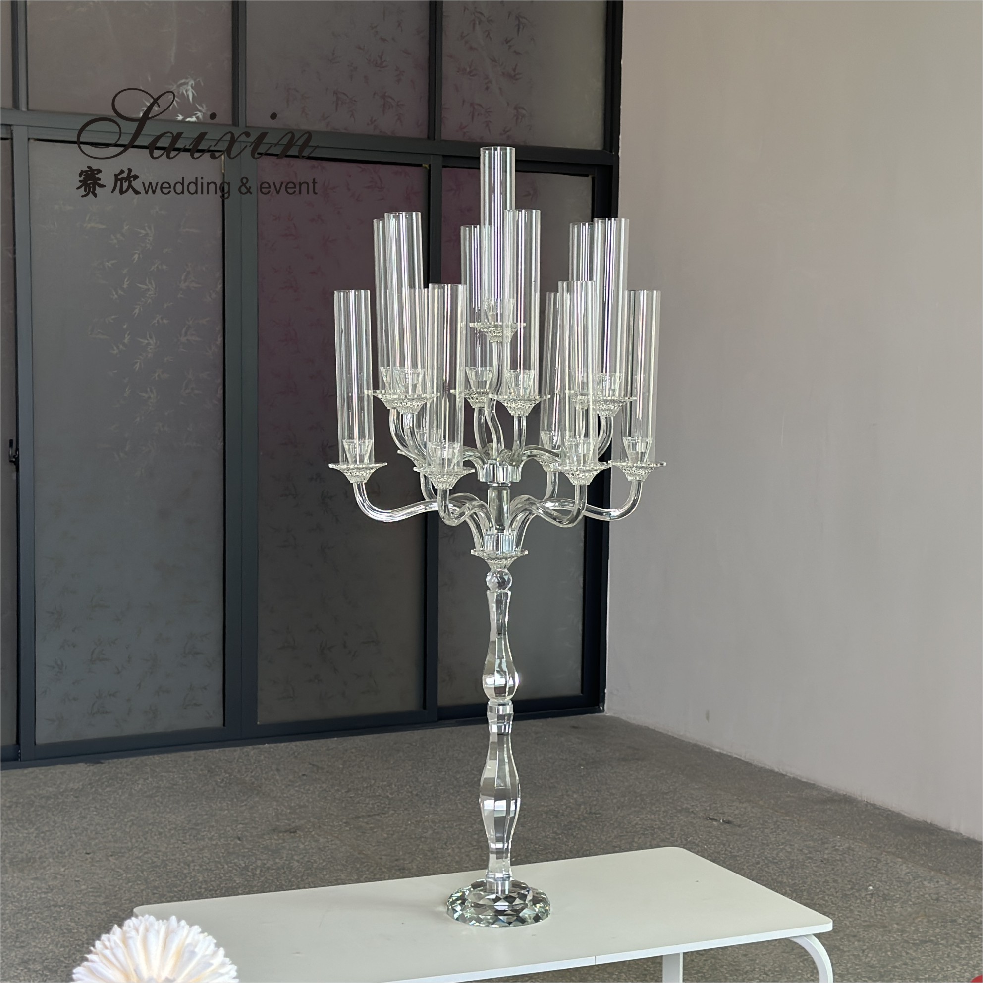 New White 13 Arms Candelabra Tall Wedding Table Decoration Crystal Wedding Centerpiece Candelabra