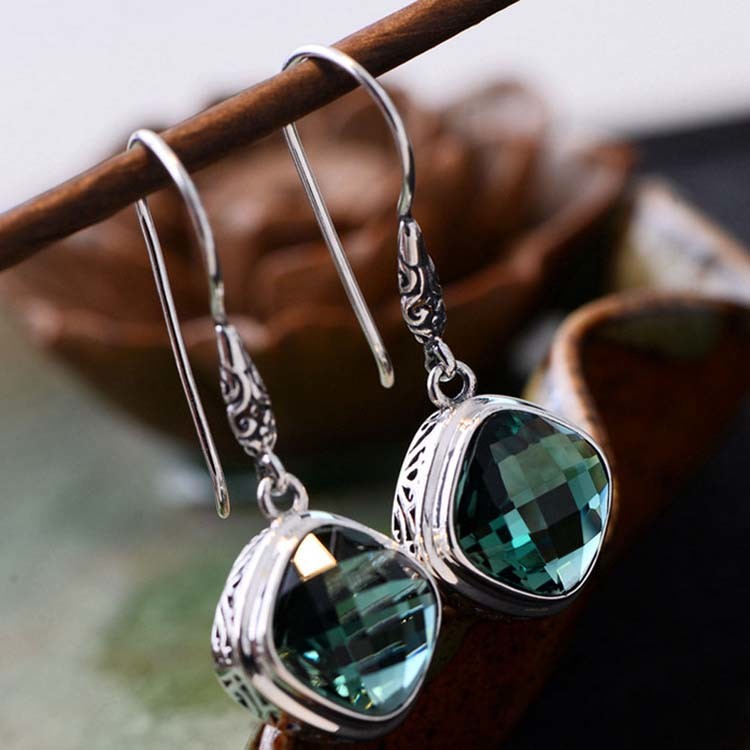 925 Silver Square Synthetic Siopside Pendant Dangle Earring (060250)
