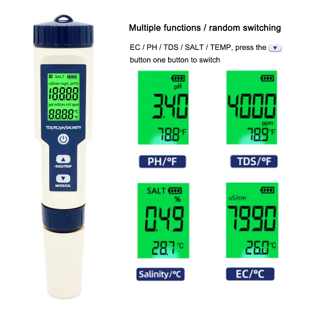 5 in 1 PH/Salinity/Temp/TDS/EC Testing Meter TP16 Water Digital Tester Ideal Detector