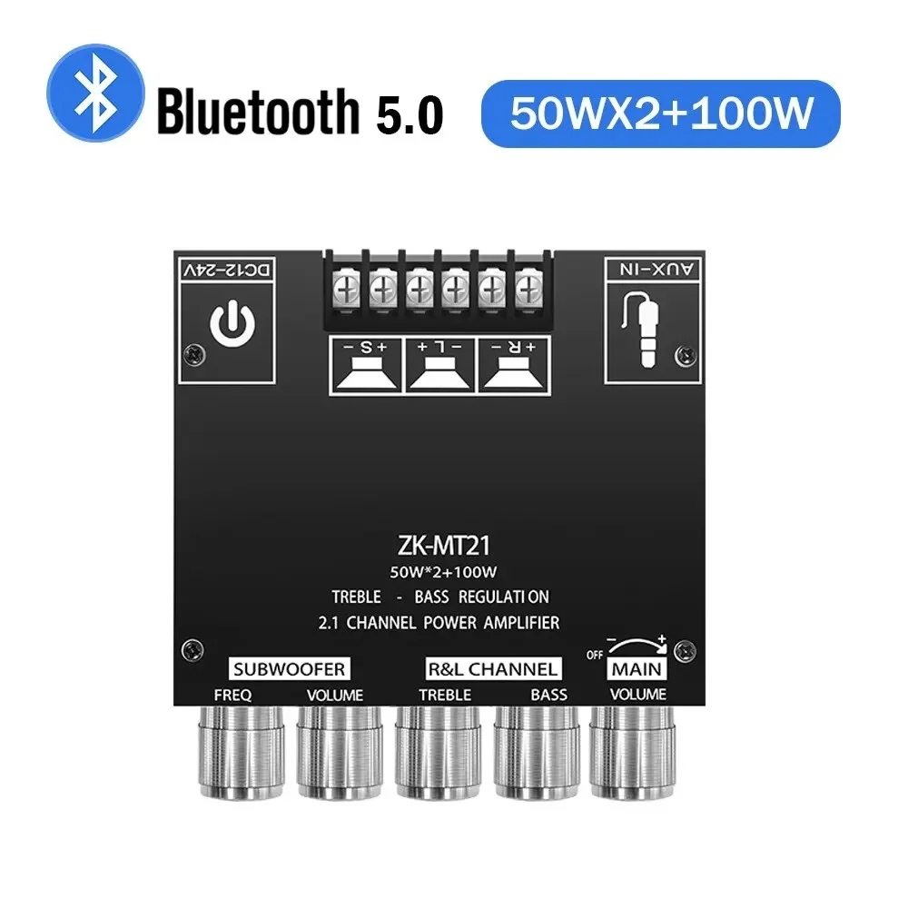 ZK-MT21 HiFi Digital Power Amplifier Board 100W+2*50W 2.1 Channel Subwoofer AUX 12/24V Audio Stereo 5.0 Amp ZK-MT21